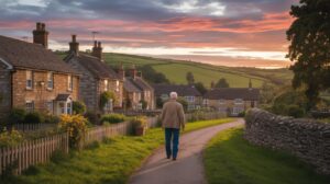 Illustration of an American retiree exploring the scenic landscapes of the U.K. while considering relocation challenges (AI-generated, non-realistic illustration). Credit: Ideogram.