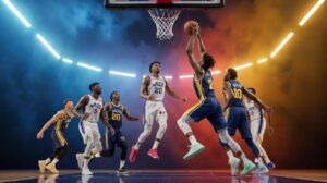 Illustration of the 2025 Salt Lake City Summer League basketball game between the Utah Jazz and Philadelphia 76ers (AI-generated, non-realistic illustration). Credit: Ideogram.