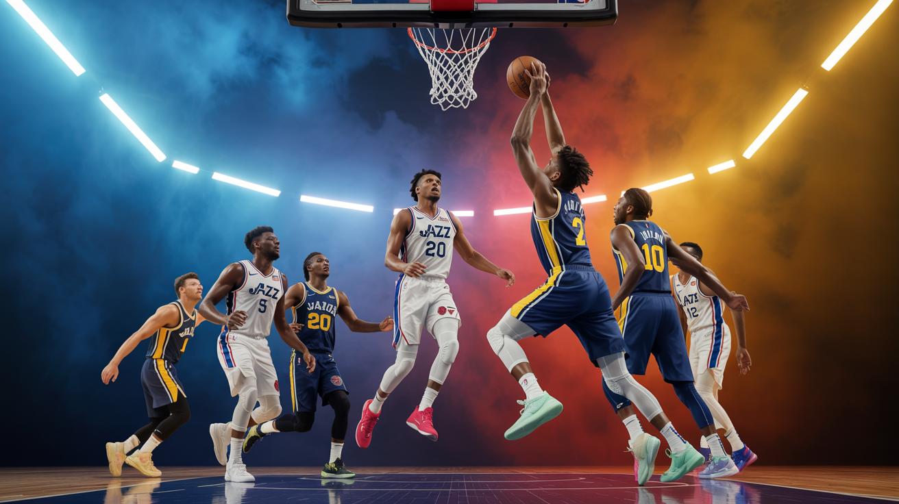 Illustration of the 2025 Salt Lake City Summer League basketball game between the Utah Jazz and Philadelphia 76ers (AI-generated, non-realistic illustration). Credit: Ideogram.